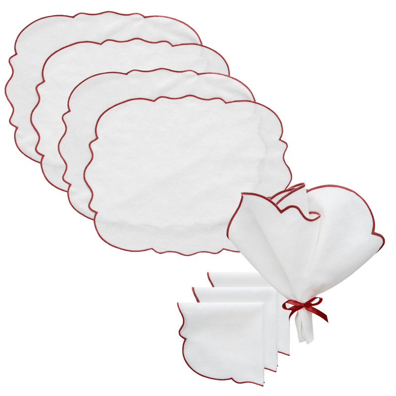 Gia Textilien-Set 4 Tischsets + 4 Servietten, Weiß / Burgunderrot