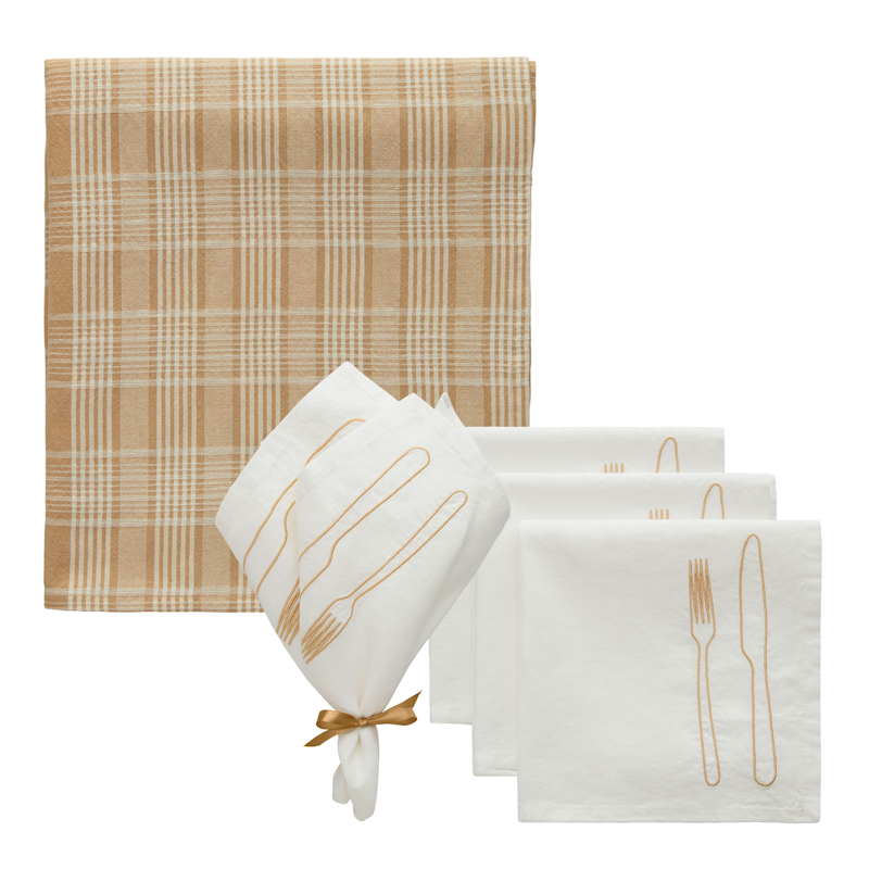 La Tavola / Rita Textilien-Set 4 Servietten + Tischdecke, Weiß / Beige / Latte
