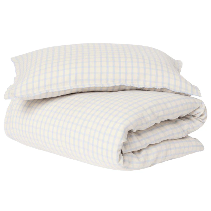 Gingham Sky Blue Muslin Bettwäsche Für Junioren, 100x130 + 35x55 cm