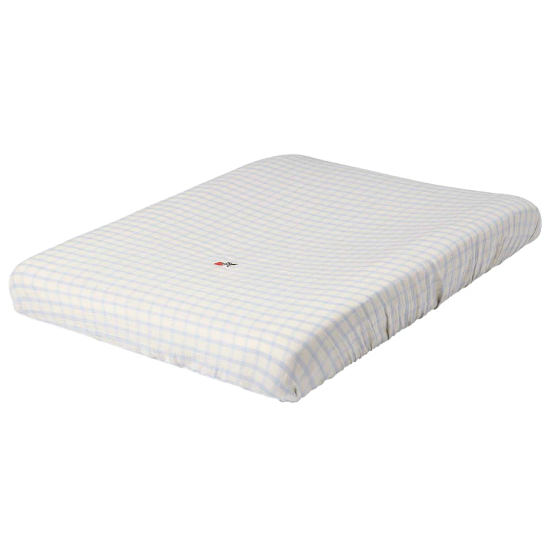 Gingham Sky Blue Muslin Wickelauflagenbezug, 50x70 cm