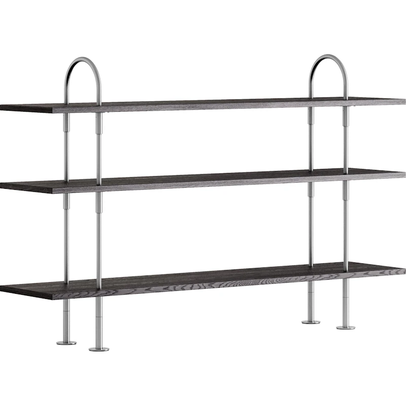 Keen Regalsystem Mit 3 Regalböden 160 cm, Satinpoliert Edelstahl / Schwarzbraun gefärbt Esche