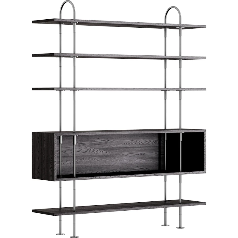 Keen Regalsystem Mit 4 Regalböden / 1 Kastenregal 160 cm, Satinpoliert Edelstahl / Schwarzbraun gefärbt Esche