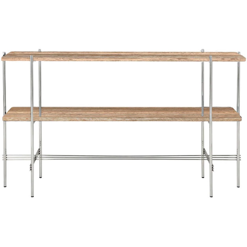 TS Console Beistelltisch 120x30x72 cm, Poliert Stahl / In warmem Taupe Travertin