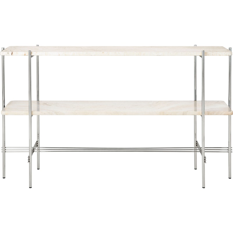 TS Console Beistelltisch 120x30x72 cm, Poliert Stahl / Neutralweiß Travertin