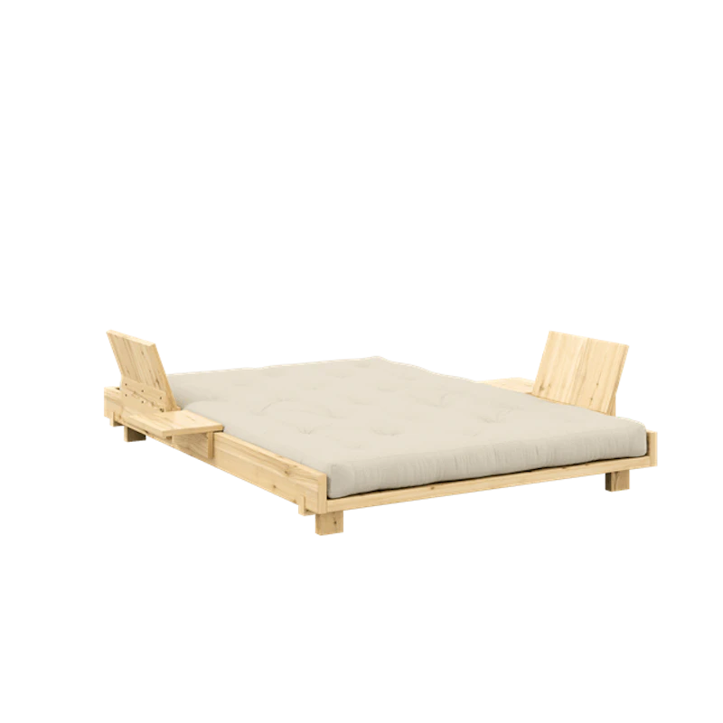 Social Sofa Bed With 2 Backrests, Side Tables & Mattress 140x200 Beige/Raw
