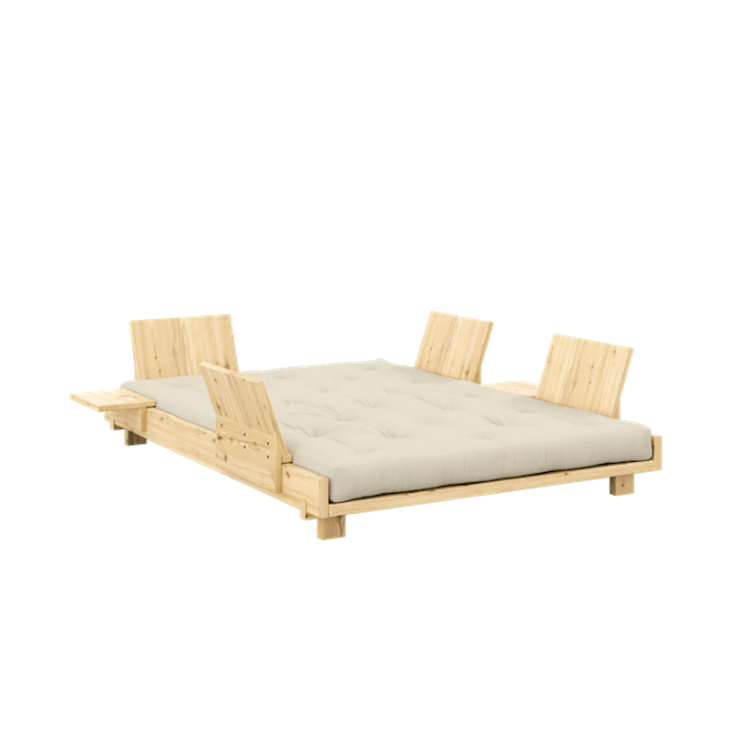 Social Sofa Bed With 4 Backrests, Side Tables & Mattress 140x200 Beige/Raw