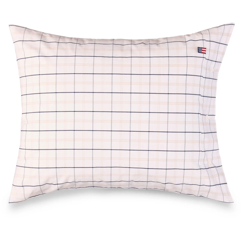 Checked Cotton Poplin Kissenbezug Weiß / Beige / Marineblau, 50x90 cm