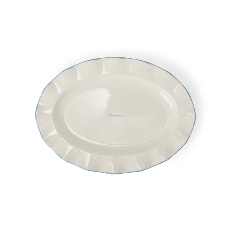 Stoneware Wavy Oval Plate Teller Weiß Blau