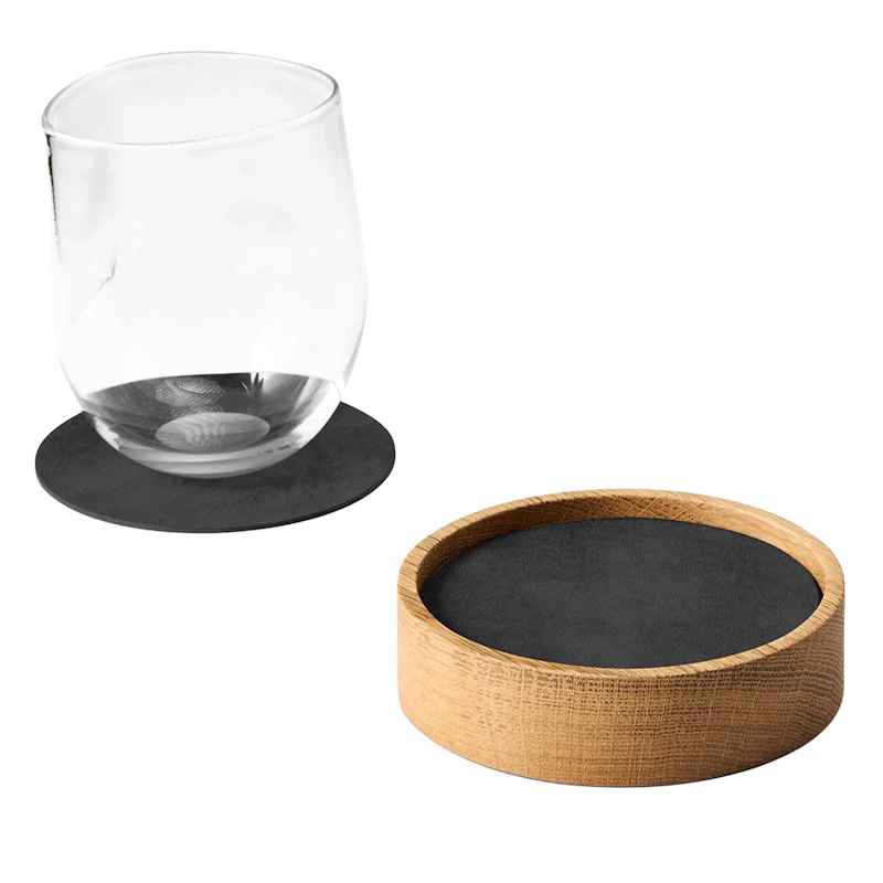 Circle S Kasten & Glasuntersetzer 8-er Set, Eiche / Schwarz