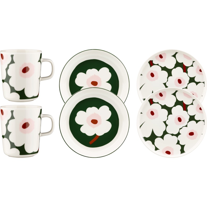 Unikko Dinner Set 6-pack, White / Pink / Dark Green