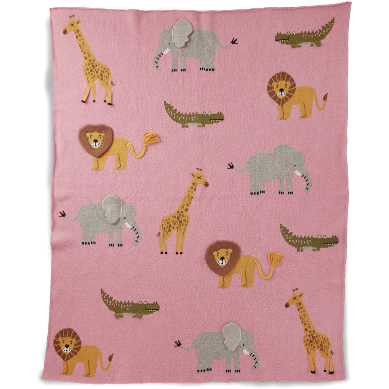 Babydecke Gestrickt Mit Tieren & 3D-Detaile, Rosa