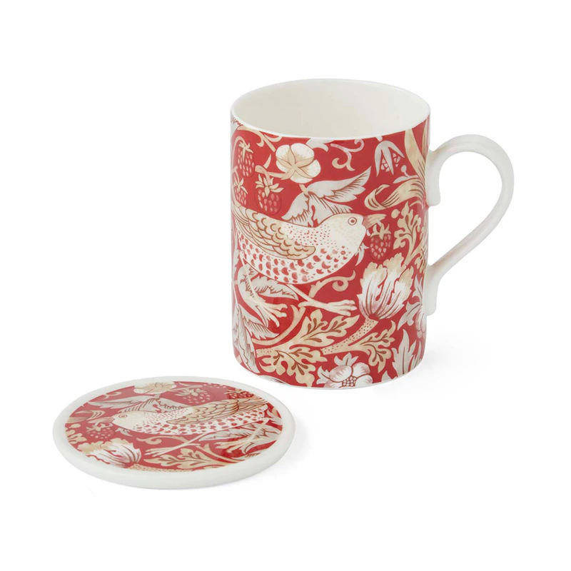 William Morris & Co Tasse + Glasuntersetzer, Strawberry Thief / Indian Red