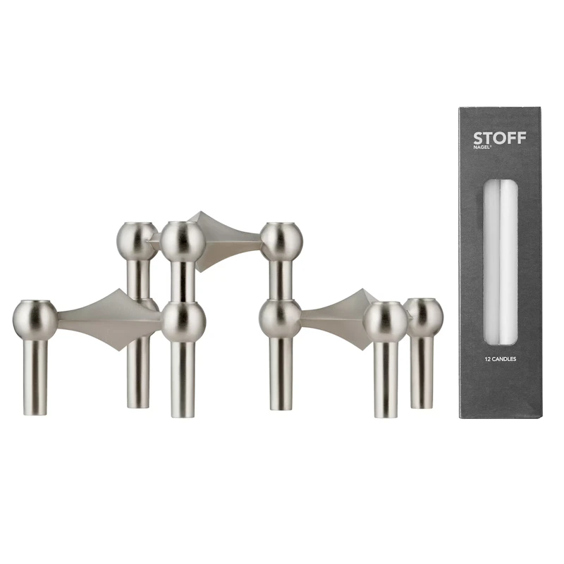 Nagel Kerzenhalter 3-er Set + 12 Kerzen, Brushed Chrome