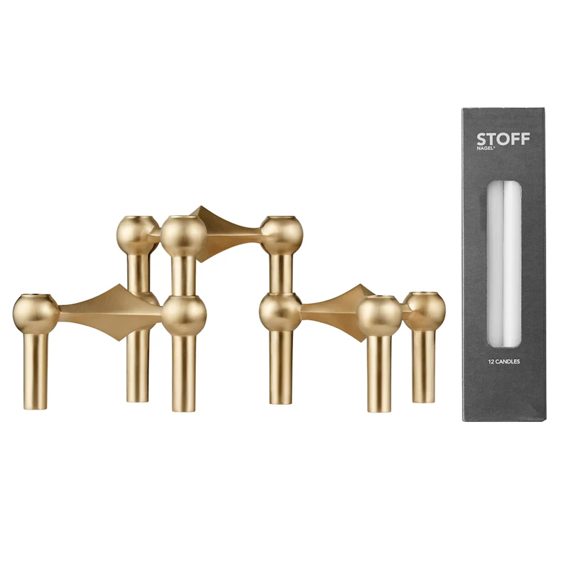 Nagel Kerzenhalter 3-er Set + 12 Kerzen, Messing Gebürstet
