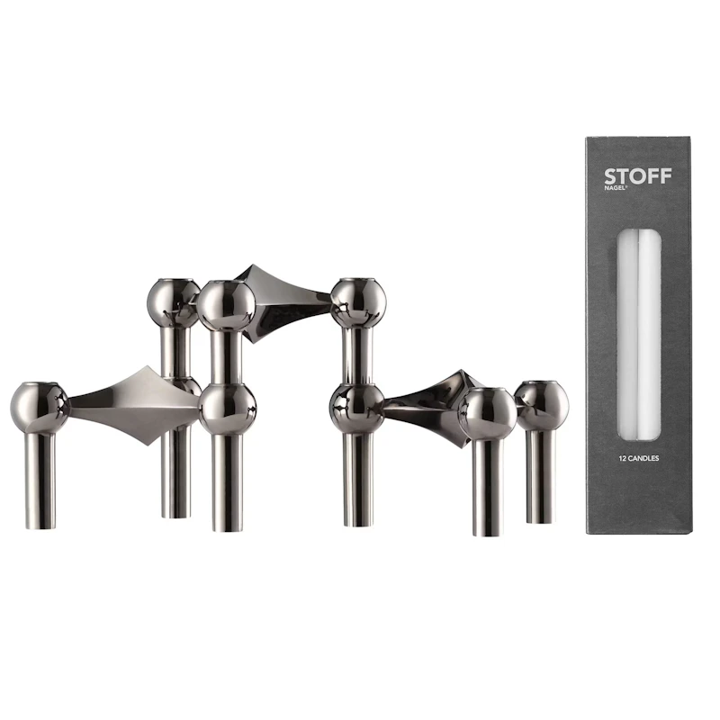 Nagel Kerzenhalter 3-er Set + 12 Kerzen, Schwarz Verchromt