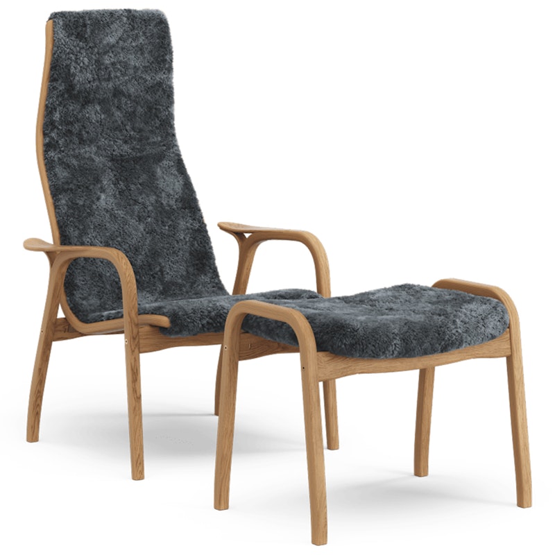Lamino Sessel mit Fußhocker Schaffell, Charcoal / Geölte Eiche