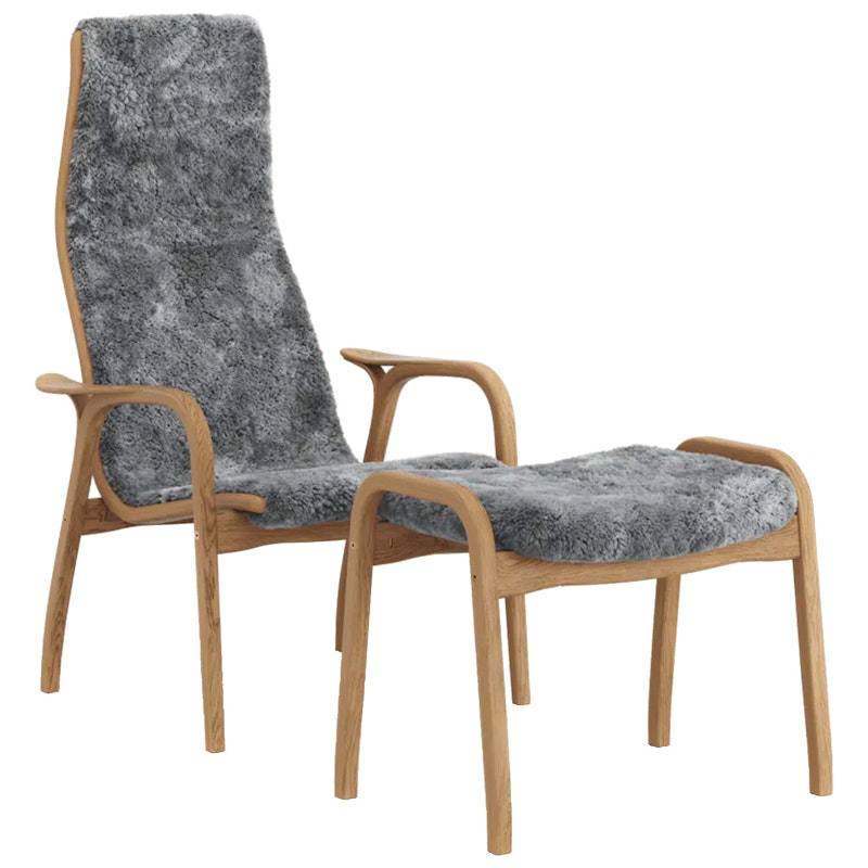 Lamino Sessel mit Fußhocker Schaffell, Scandinavian Grey / Geölte Eiche