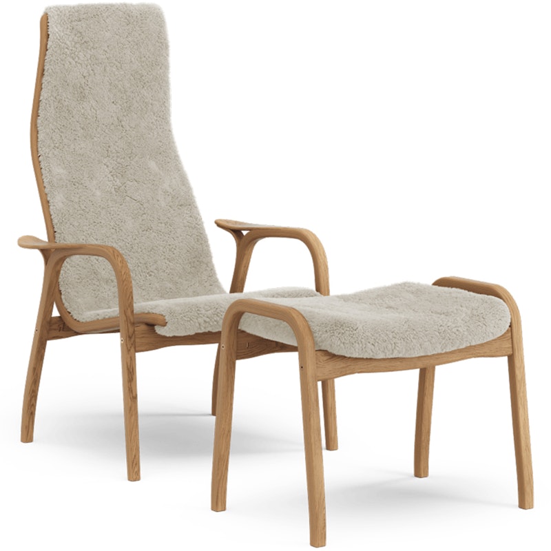 Lamino Sessel mit Fußhocker Schaffell, Moonlight / Geölte Eiche