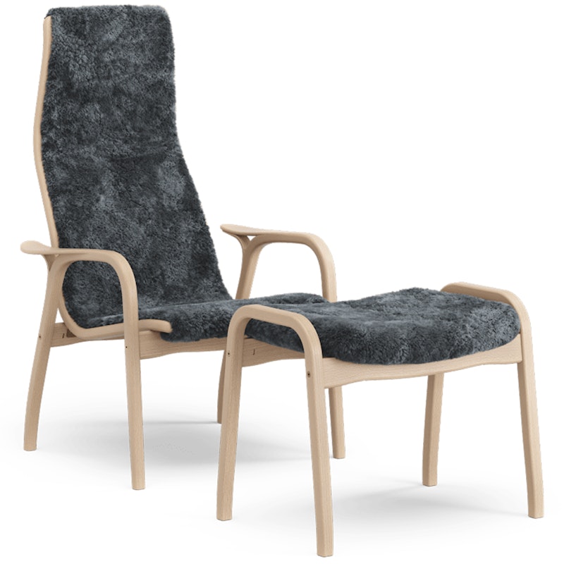 Lamino Sessel mit Fußhocker Schaffell, Charcoal / Lackiertes Buchenholz