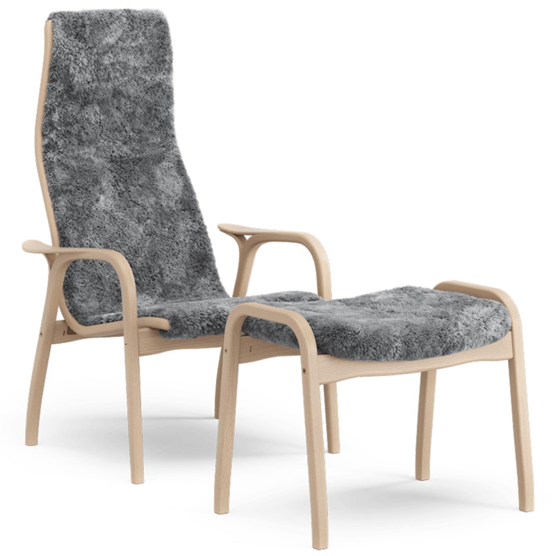 Lamino Sessel mit Fußhocker Schaffell, Scandinavian Grey / Lackiertes Buchenholz