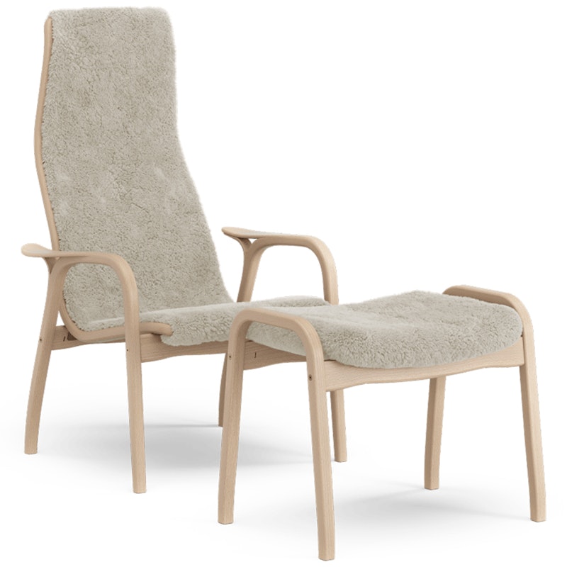 Lamino Sessel mit Fußhocker Schaffell, Moonlight / Lackiertes Buchenholz