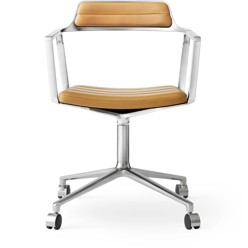 452 Drehstuhl mit Rädern, Poliert Aluminium / Kamelfarben Leder