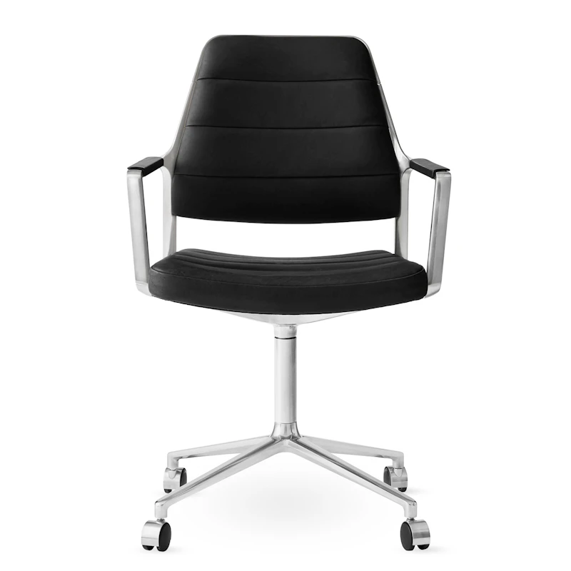 455 Drehstuhl Mit Rädern, Schwarz Leder